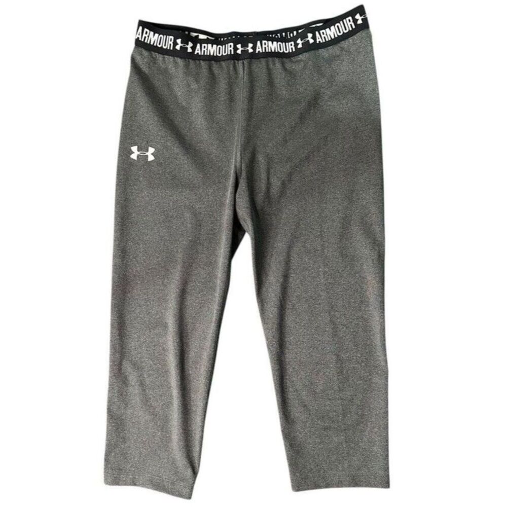 Under Armour‎ Girl's Capri Leggings Youth L or XL Dark Heather Gray White Logo